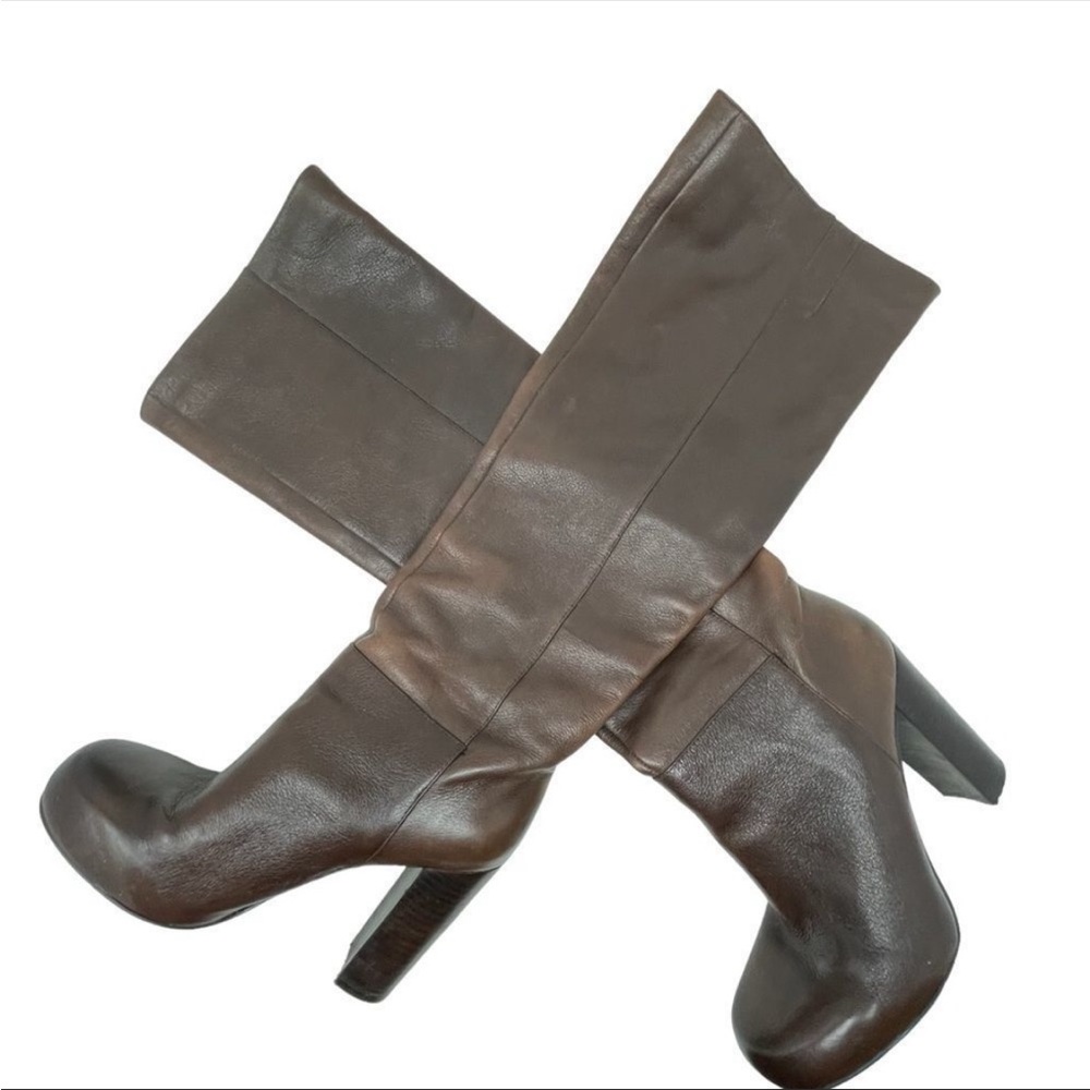 Nine West Cropshop Knee High Boots Brown Pull On Stacked Heel Platform Womens 8M